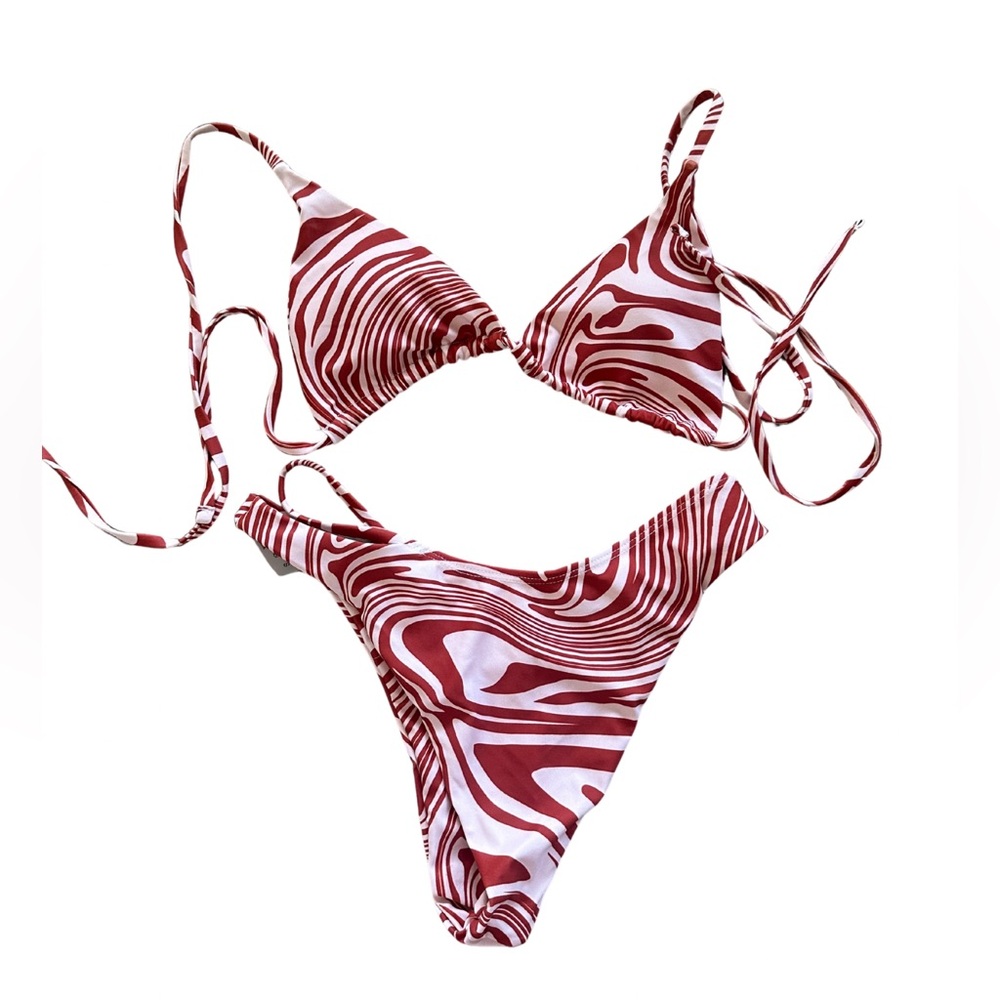 Red & White Swirl Print Triangle Bikini Set - Size Small